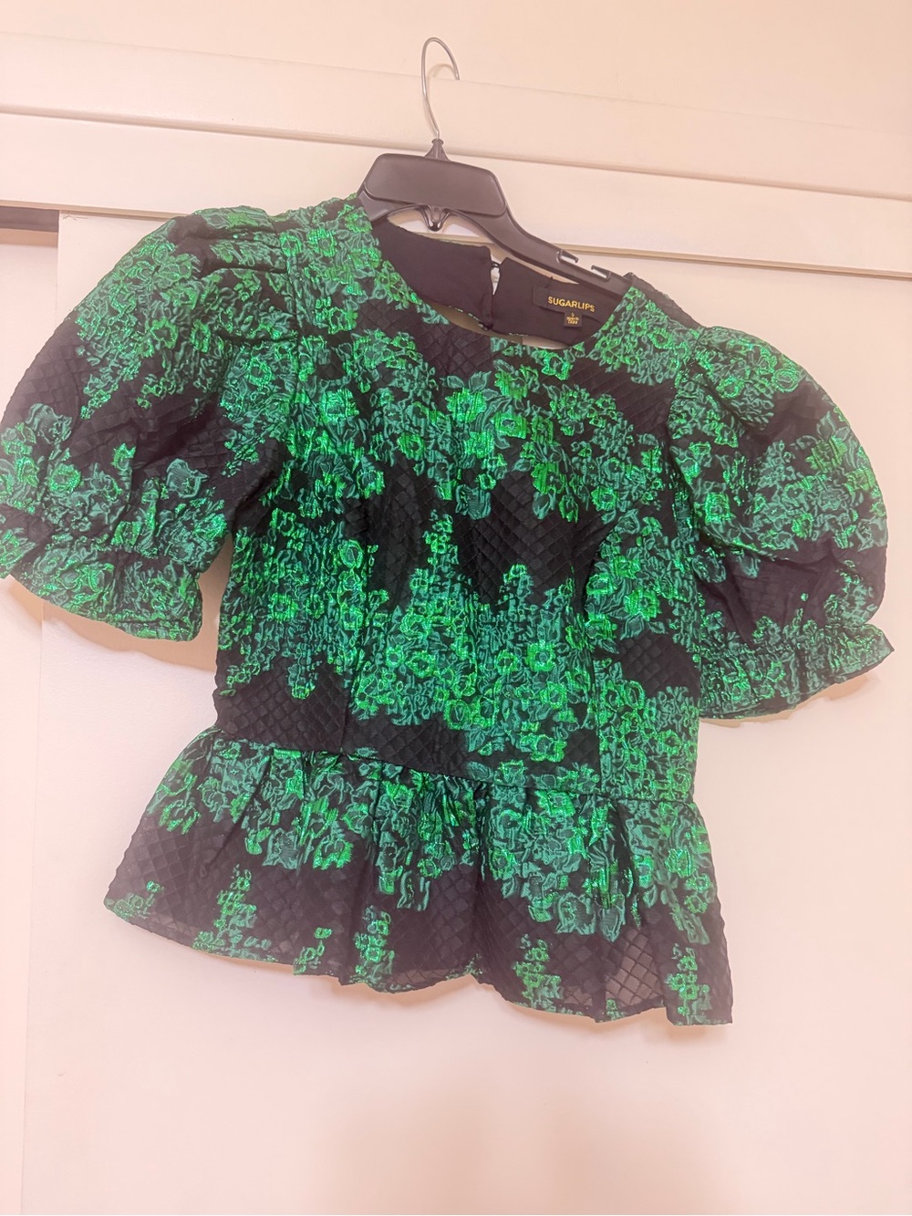 Black & Green Floral Puff-Sleeve Peplum Top Sugarlips nwt